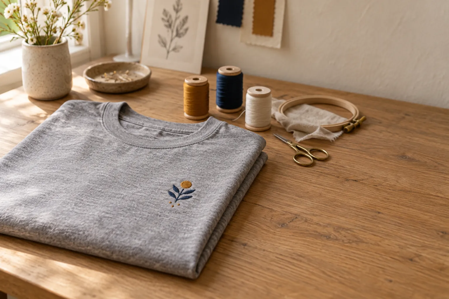 T-shirt gris plié, brodé d’un petit emblème, sur une table en chêne