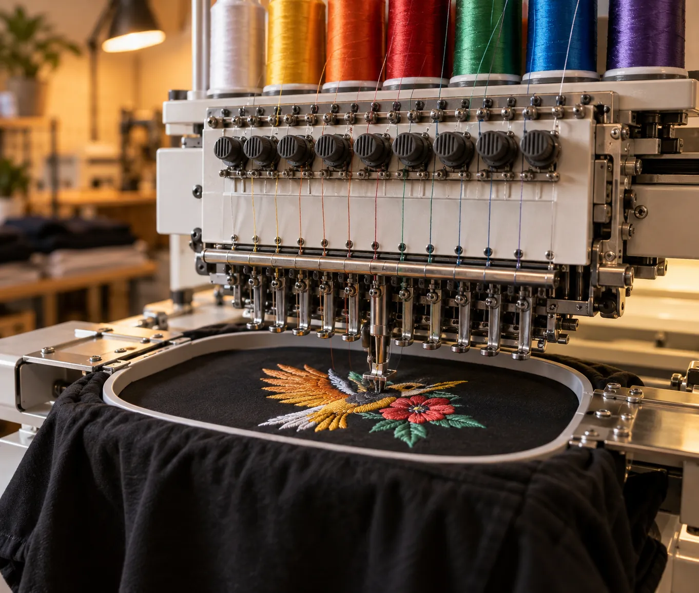 Machine à broder multi-têtes en train de broder un t-shirt noir